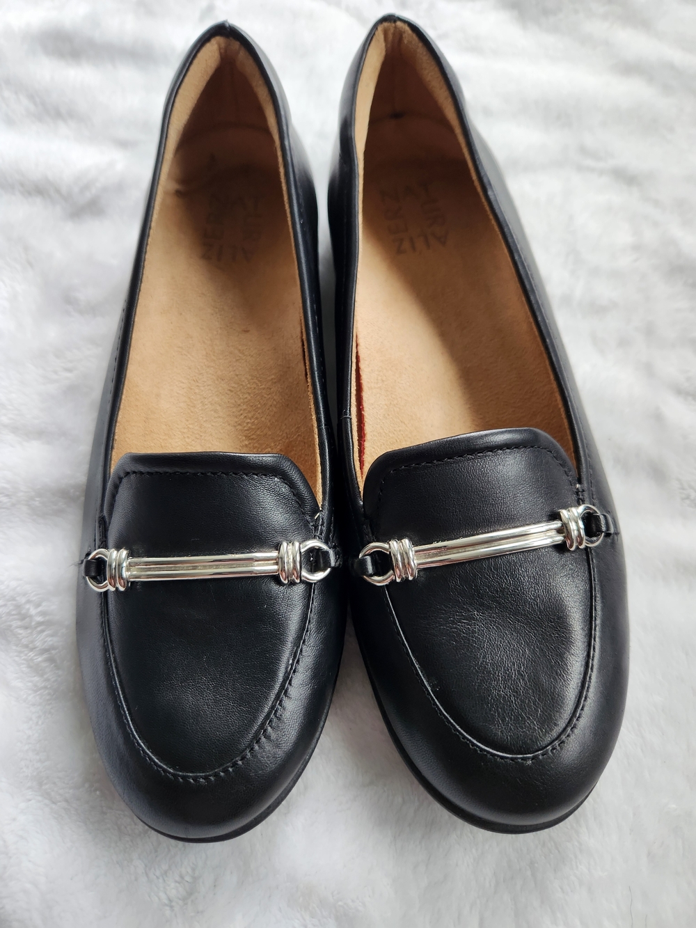 Naturalizer Black Leather Loafers with Silver Bar Accent